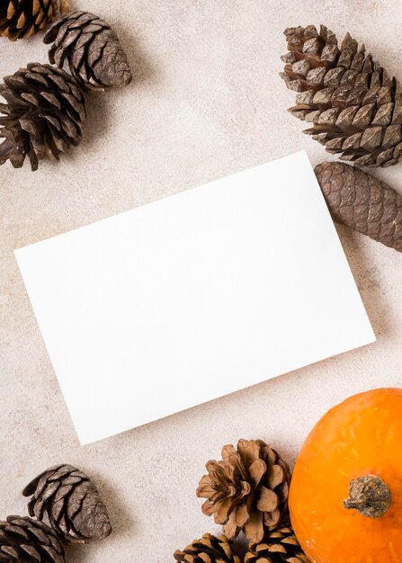 Top view of blank paper with autumn pine cones