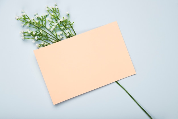 Top view blooming flowers with card