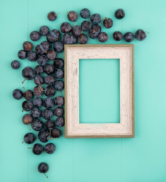 Free photo top view of blue-black berrylike fruit sloes isolated on a blue background with copy space