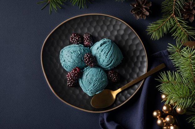 Top view blue ice cream on plate