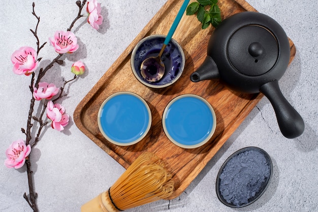 top view blue matcha still life