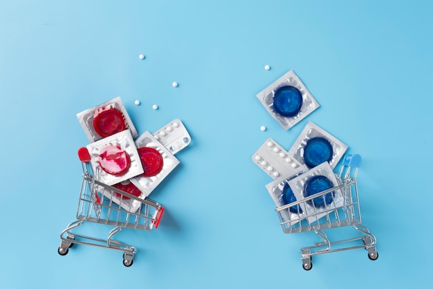 Top view blue and red condoms arrangement