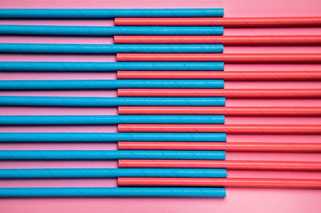 Top view blue and red plastic straws