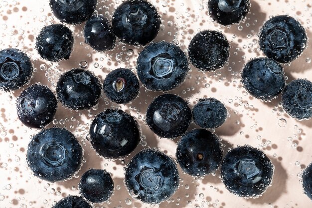 Top view blueberries and sparkling water
