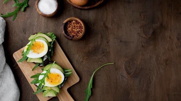 Top view boiled egg on cutting board