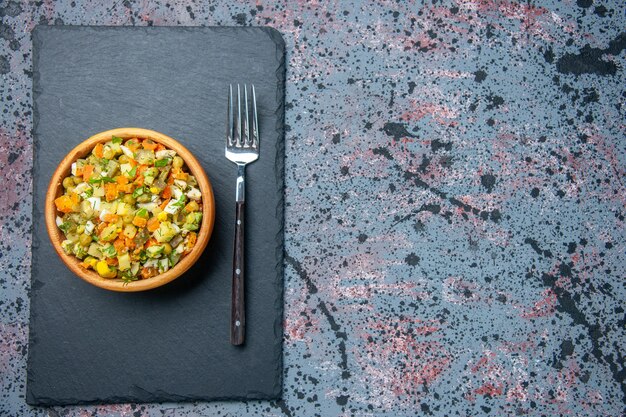 top view boiled vegetable salad with fork, color bread salad meal lunch food