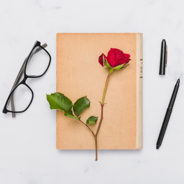 Top view of book and flower