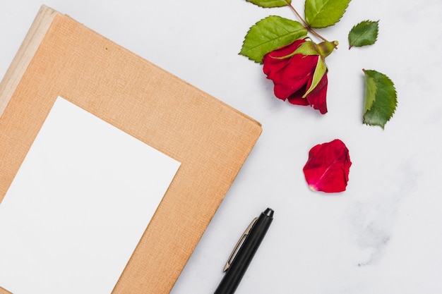 Free photo top view of book and flower