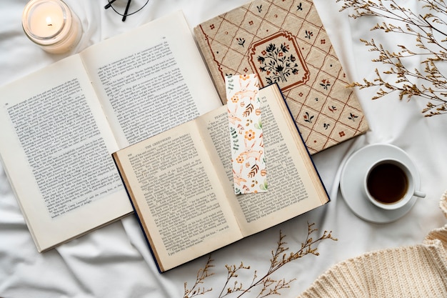 Top view bookmark and books arrangement