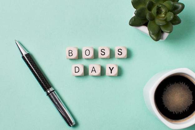 Top view boss's day arrangement on light blue background