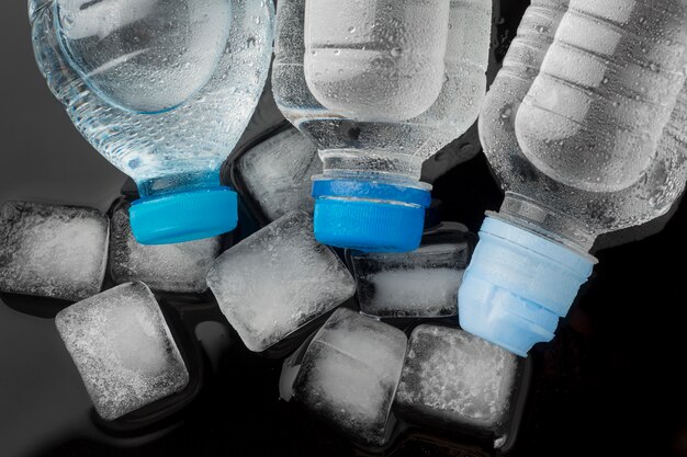 Top view bottles of water and ice cubes