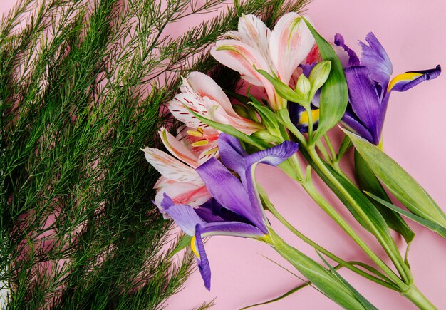 Top view of a bouquet of dark purple iris and alstroemeria flowers with asparagus on pink background