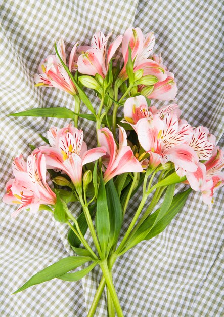 격자 무늬 직물 배경에 핑크 컬러 alstroemeria 꽃의 꽃다발의 상위 뷰