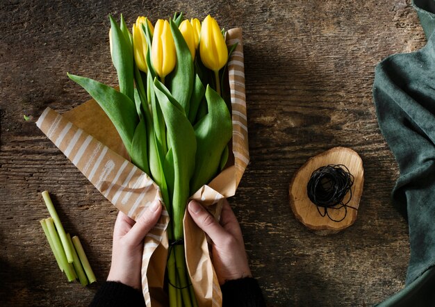 Top view bouquet of yellow tulips