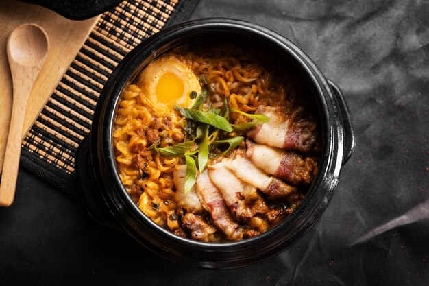 Top view of a bowl of delicious ramen on the table