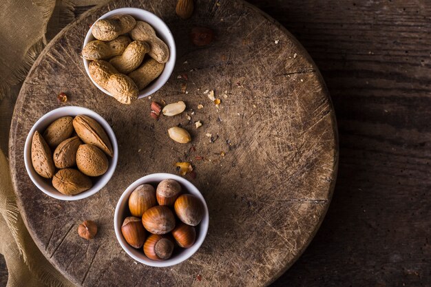 Top view bowl filled with tasty nuts