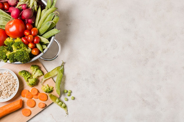 Top view of bowl of healthy food with copy space