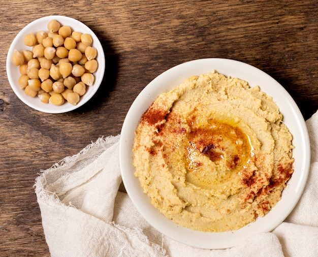 Top view of bowl of hummus with chickpeas
