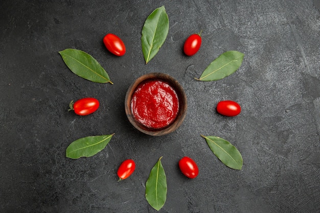 Foto gratuita vista dall'alto una ciotola di ketchup intorno a pomodorini e foglie di alloro su fondo scuro