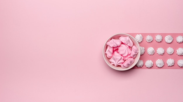 Top view of bowl of meringue with copy space