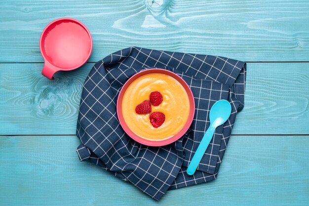 Top view of bowl with baby food and fruit