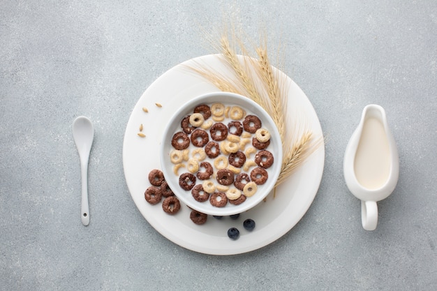 Top view bowl with cereal and wheat