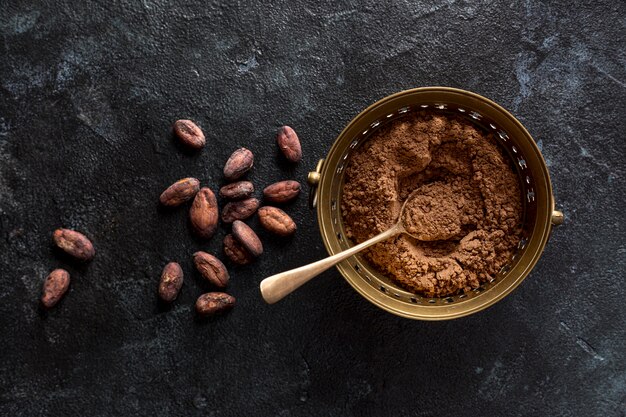 Top view of bowl with cocoa powder and cocoa beans