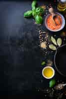 Foto gratuita vista dall'alto della ciotola con lenticchie e varietà di condimenti