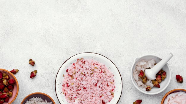 Top view bowl with pink salts