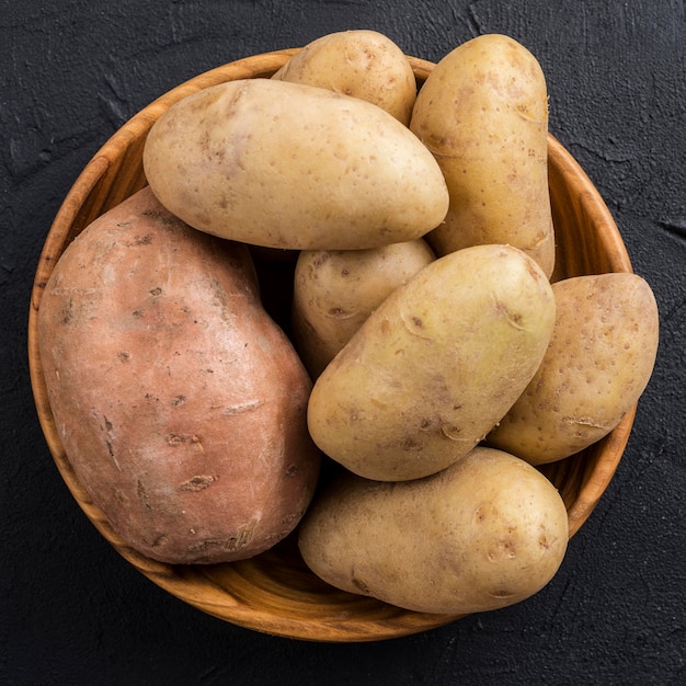 Top view bowl with potatoes