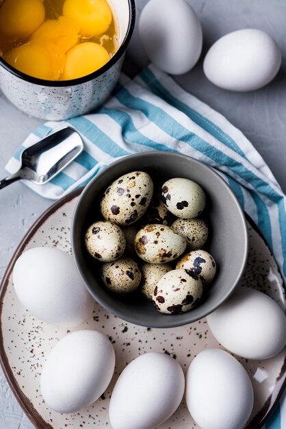 Top view bowl with quail eggs