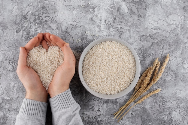 Top view bowl with rice and grains