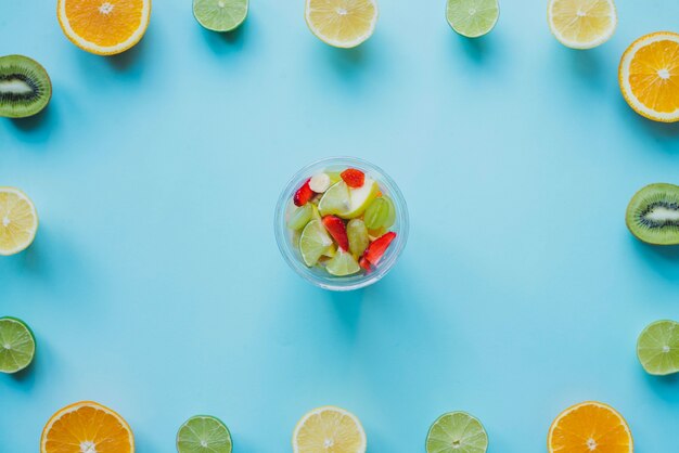 Top view of bowl with tasty fruits