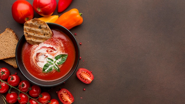 Top view of bowl with winter tomato soup and copy space