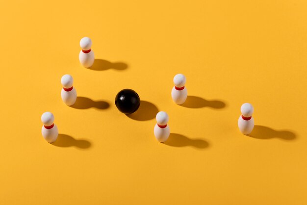 Top view bowling pins and ball