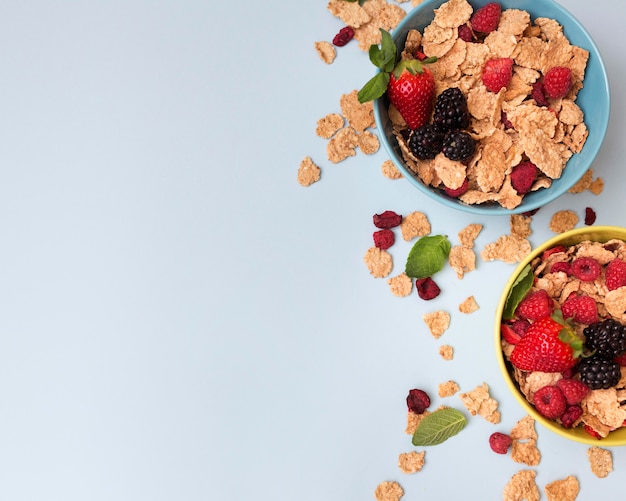 Top view bowls of fruit and cereals