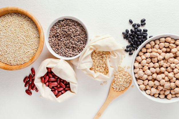 Top view bowls with beans on table