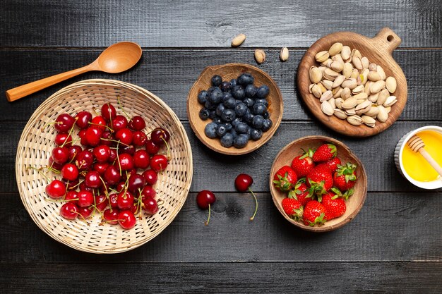 Top view bowls with fruits