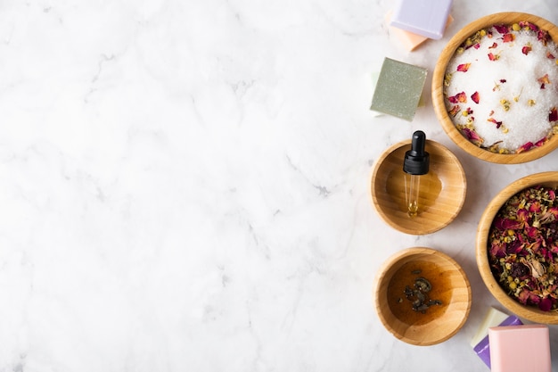 Top view bowls with mineral salt copy-space