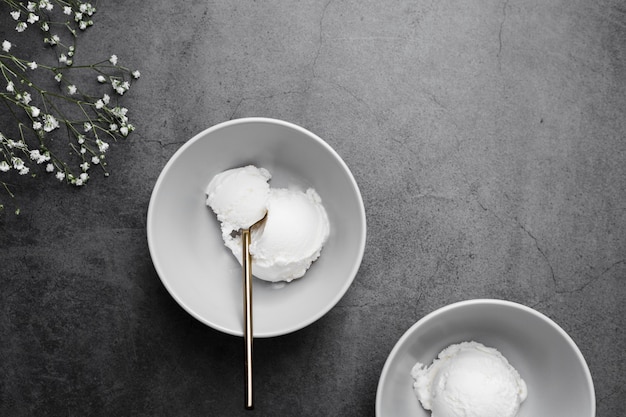 Free photo top view bowls with vanilla flavored ice cream