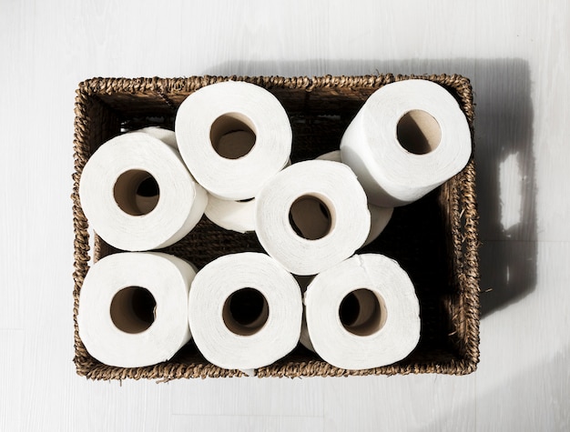 Free photo top view box with toilet paper rolls