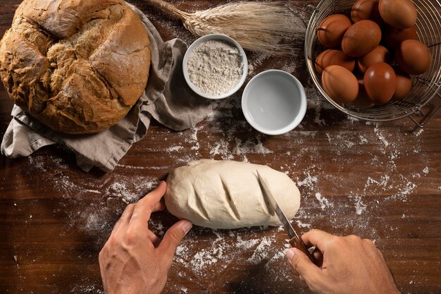 Top view of bread dough prepared for baking