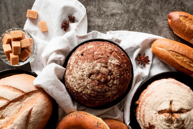 Top view  bread mix with brown sugar cubes