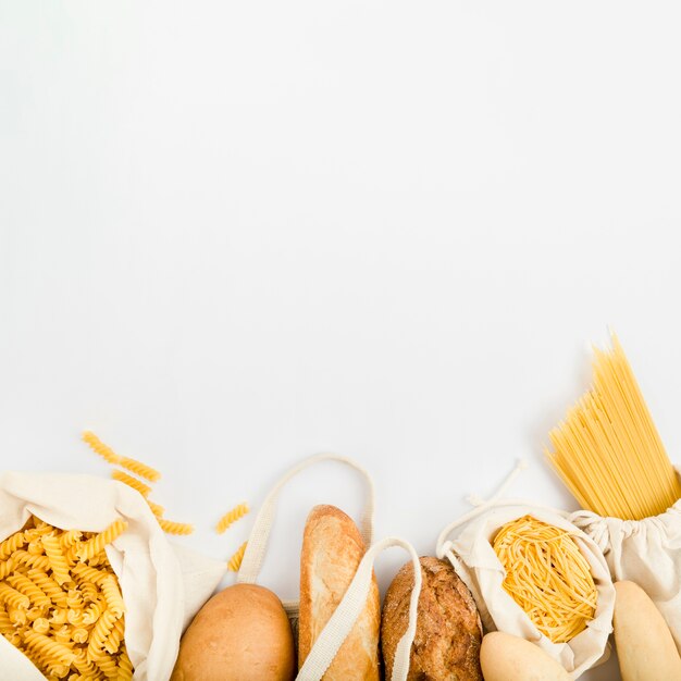 Top view of bread in reusable bag with bulk pasta