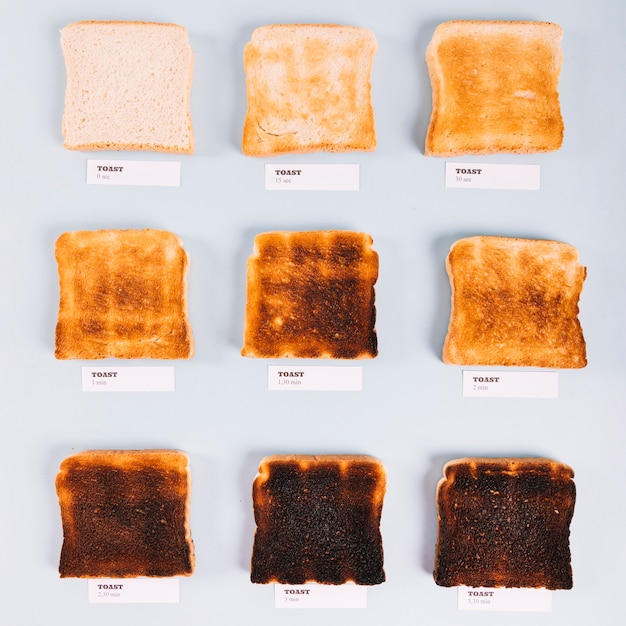 Top view of bread slices at varying stages of toasting on white background