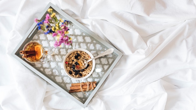 Free photo top view of breakfast in bed