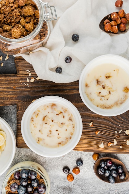 Top view breakfast bowls on the table