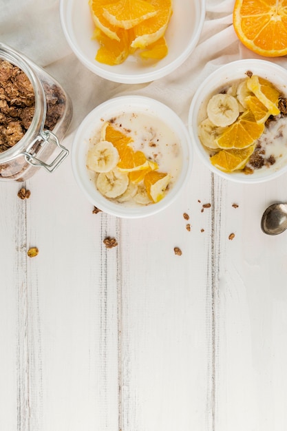 Top view breakfast ready to be served with copy space