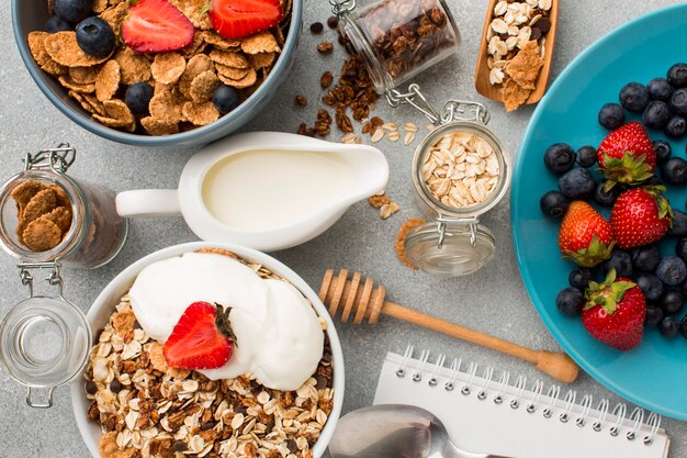 Top view breakfast with cereals