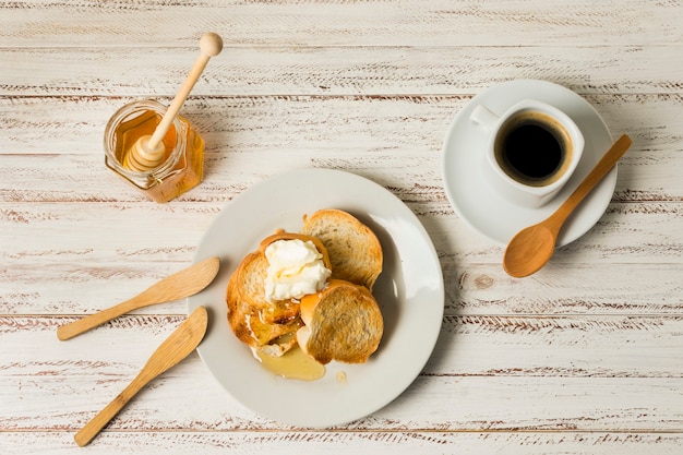 Top view breakfast with honey